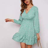 V-Neck Bubble Long Sleeve Skirt Dress