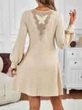 V-Neck Lace Trim Lantern Sleeve Dress