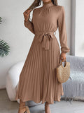 Standing Collar Long Sleeve Pleated Long Dress