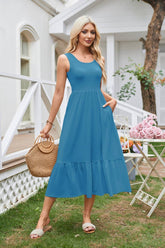 Square Neck Pleated Large Swing Sleeveless Dress