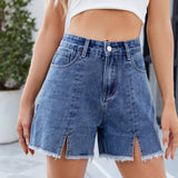 Washed Denim Cutoff Shorts With Side Slit