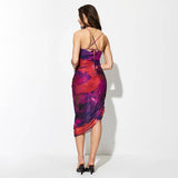 Tie-Dye Drawstring Slim Mesh Halter Midi Dress