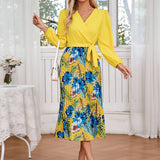 V-Neck Print Long-Sleeved Pleated Dress