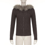 Vintage Twist Zipper Fur Hooded Cardigan Coat