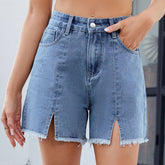 Washed Denim Cutoff Shorts With Side Slit
