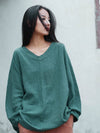 Cwtbll2463_Cotton And Linen Pullover V-Neck Bat T-Shirt