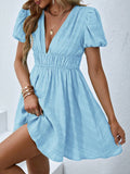 V-Neck Pleated Solid Color Dress