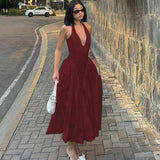 Solid Deep V Halter Cutout Flare Dress