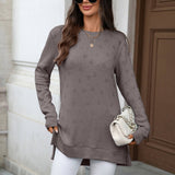 Solid-Color Round-Neck Long-Sleeved Slit T-Shirt