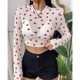 CUTE HEART PRINT MESH ROUND NECK LONG SLEEVE TOP_CWTBLL3426