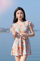 Cwmw0863_V-Neck Floral Short-Sleeved Beach Swimsuit Dress