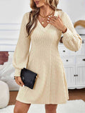 V-Neck Lace Trim Lantern Sleeve Dress