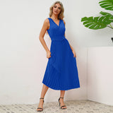 V-Neck Pleated Belted Bodycon Midi Dress