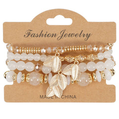 Cwmm10456_Boho Leaf Charm Multi Layer Beaded Bracelet