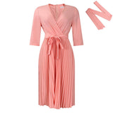 SOLID COLOR V NECK LONG SLEEVE PLEATED SKIRT DRESS_CWDSD6145