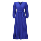 V Neck Long Sleeve Pleated Belted Midi Dress