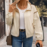 Womens Lapel And Fleece Cropped Zipper Jacket