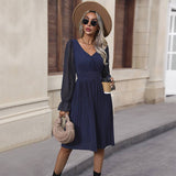 V-Neck Lace Long-Sleeved Solid Color Dress