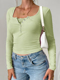 Y2K Slim Trim Lace Button U Neck Ribbed Top