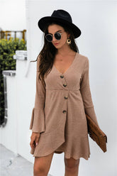 V-Neck Ruffled Trumpet Sleeve Button Knit Dress