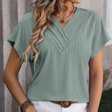 Womens V Neck Pullover Jacquard Short Sleeved Top_Cwtts0897