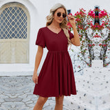 V-Neck Puffy Sleeve Pleated Skirt Dress