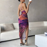Tie-Dye Drawstring Bodycon Mesh Midi Dress