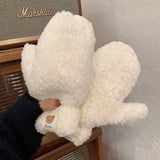 CUTE BEAR FLEECE MITTENS WARM NECK STRAP GLOVES_CWAG0178