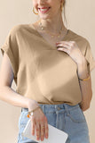 Womens V Neck Trim Rolled Short Sleeve Blouse Top