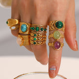 GOLD STAINLESS STEEL INLAID NATURAL STONE RINGS_CWAJE0611