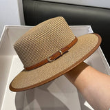 BRITISH STYLE FLAT TOP FASHIONABLE BELT STRAW HAT_CWAH1156