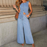 Solid Color Loose Denim Wide Leg Pants Vest Suit