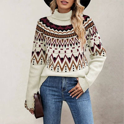 Women¡¯S Retro Color Block Turtleneck Knitsweater_Cwoswl07197