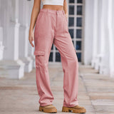 Washed Semi-Elastic-Waisted Denim Cargo Pants