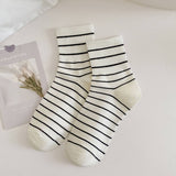 Women'S New White Striped Polka Dot Mid-Calf Socks_Cwms1350