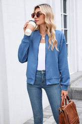 Solid-Color Round-Neck Zipper Loose Jacket