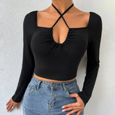 Women Slim Lace Up Blouse_Cwtbll0491