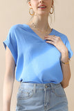 Womens V Neck Trim Rolled Short Sleeve Blouse Top