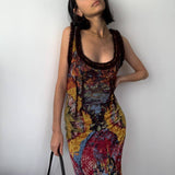 Stylish And Retro Tie-Dyed Printed U-Neck Dress