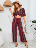 Striped Pants Short Sleeve Top Two-Piece Set