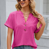 BREATHABLE V-NECK BUTTON SOLID COLOR T-SHIRT_CWTSTS0384