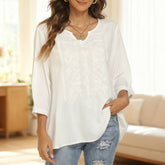 Solid-Color Mid-Sleeved V-Neck Embroidered Shirt