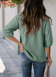Womens Jacquard Waffle V-Neck Puff Sleeve Top