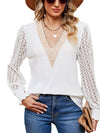 Cwtbll2401_V-Neck Lace Stitching Long-Sleeved Casual Top