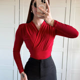 Solid Color Cross V-Neck Pleated Waist T-Shirt