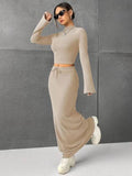 Solid Color Long Sleeve Top Long Skirt Set