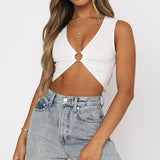 Solid Color Cut-Out V-Neck Vest With Midriff