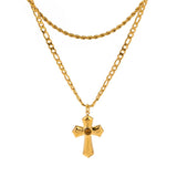 FRENCH PLEATED GOLD CROSS DOUBLE NECKLACE_CWAJE1899