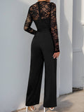 Solid Color Jumpsuit Lace Patchwork Zipper
