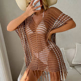 FRINGED CUTOUT BIKINI BEACH SWIMSUIT COVER UP_CWMW0672